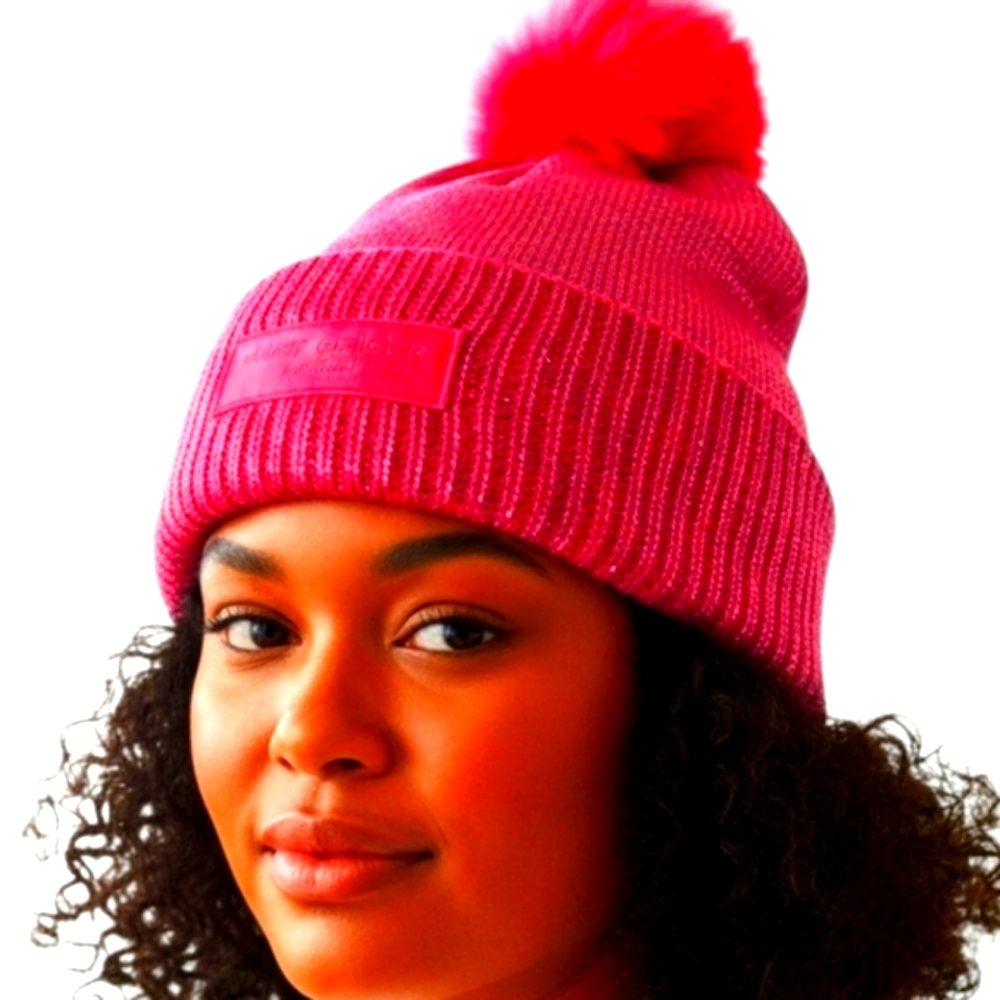 NEW...Kurt Geiger Metallic Foil Beanie with Faux Fur Pompom In Fuchsia